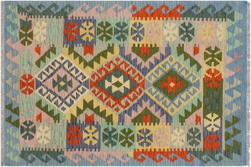 Flat Weave Kilim, Antique, Navaho, Vintage, Handmade, Geometric Kilim Rust Blue Hand-Woven Rectangle 100% Wool Area Rug 3 x 5
